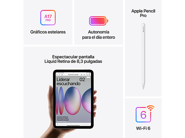 Apple iPad mini (2024), 256 GB, Gris espacial, WiFi, 8.3", Chip A17 Pro, iPadOS — foto 6